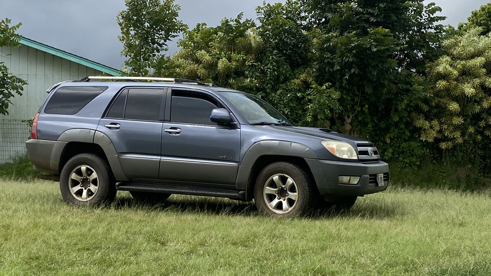 Gray work truck parked in a green field by the treeline