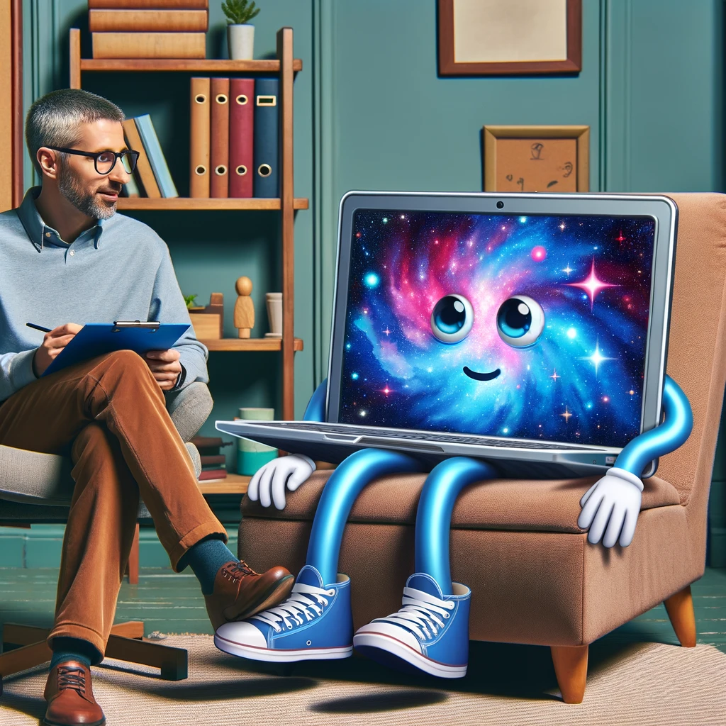 A slow laptop on a kitchen table with a loading spinner