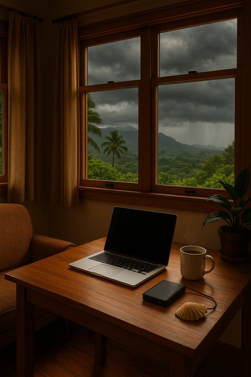 Organizing Kauaʻi beach photos on laptop before storm season
